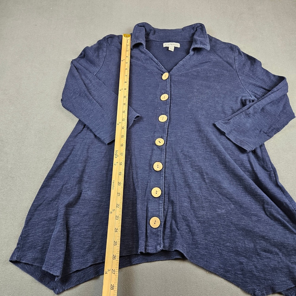 Kim Rogers Navy Blue Cotton Slub Knit Button Front Tunic Top Sharkbite Hem L - Picture 2 of 7